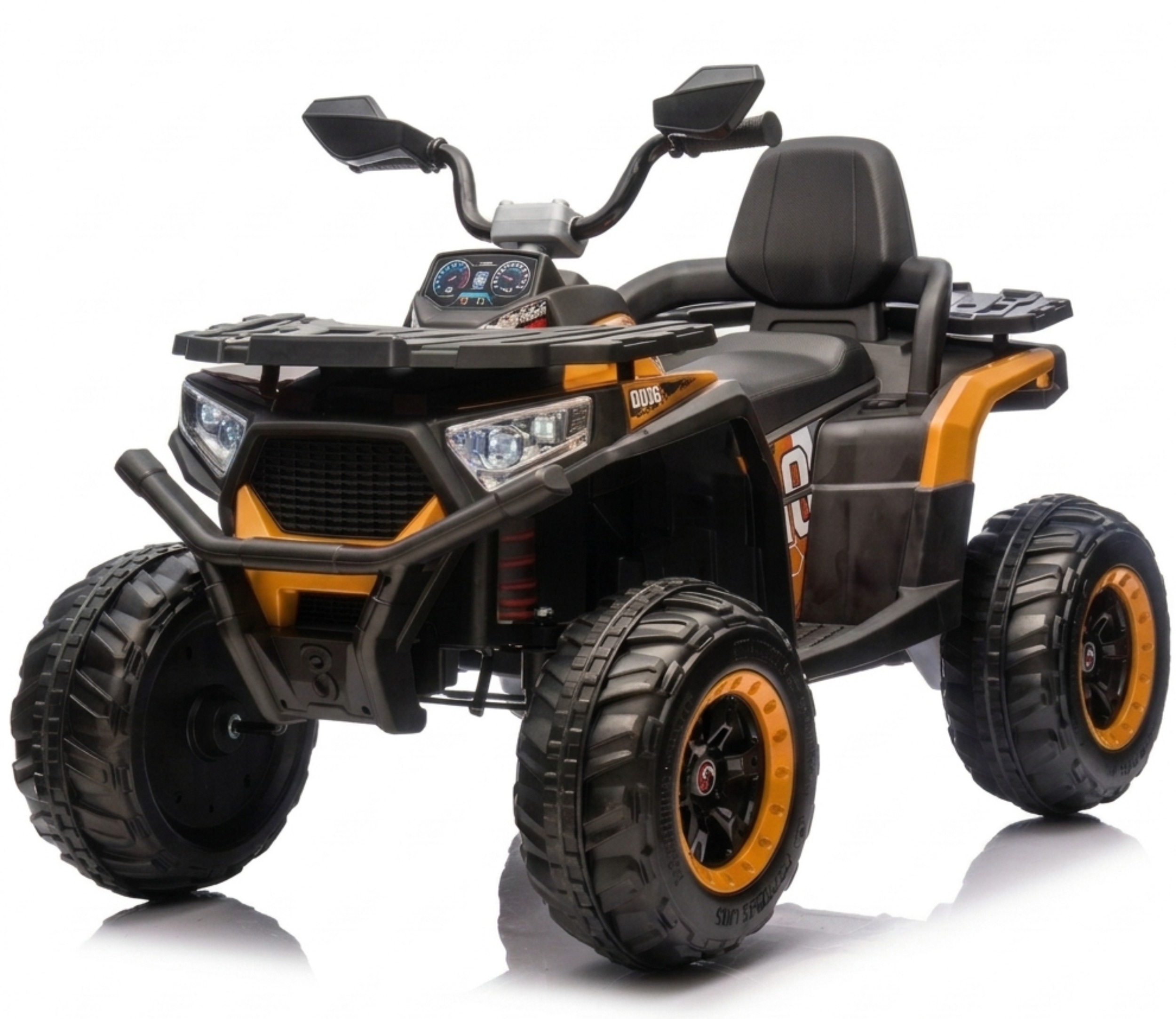 Cuatrimoto infantil 4x4 con control remoto y llantas de goma inflables.